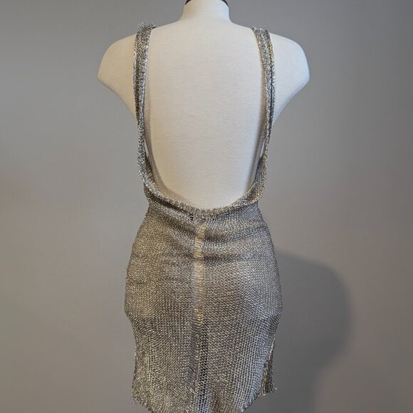 Silver Metallic Mesh Backless Mini Dress S/M Party NYE - Picture 3 of 15